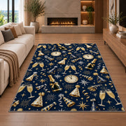 New Year party pattern rug in a living room with a fireplace