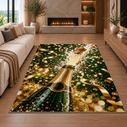 Champagne bottle pop rug in a living room with a fireplace