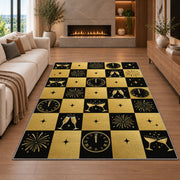 Black and gold checkered New Year rug in a living room with a fireplace