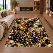 Gold and black balloons rug in a living room with a fireplace