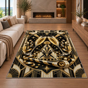 Art deco champagne toast rug in a living room with a fireplace
