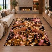 Champagne cheers rug in a living room with a fireplace