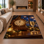 Mantel clock at midnight rug in a living room with a fireplace