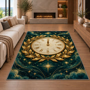 Gold laurel midnight clock rug in a living room with a fireplace