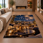 Rooftop party fireworks rug in a living room with a fireplace