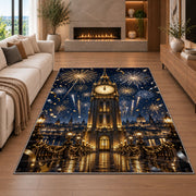 Clock tower midnight fireworks rug in a living room with a fireplace
