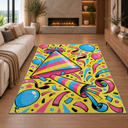 Party hat and noisemaker rug in a living room with a fireplace