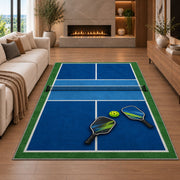 Pickleball Court Rug in a living room with a fireplace