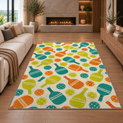 Pickleball Pattern Rug in a living room with a fireplace