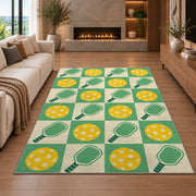 Retro Checkered Pickleball Rug in a living room with a fireplace