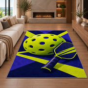 Giant Pickleball Rug in a living room with a fireplace