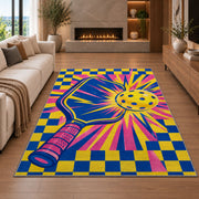 Pop Art Pickleball Rug in a living room with a fireplace