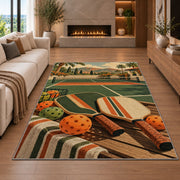 Vintage Pickleball Court Rug in a living room with a fireplace
