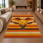 Retro Stripe Pickleball Rug in a living room with a fireplace