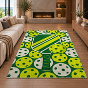 Pickleball Holes Pattern Rug in a living room with a fireplace