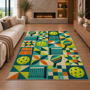 Pickleball Patchwork Rug in a living room with a fireplace