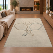 Minimalist Pickleball Line Art Rug in a living room with a fireplace