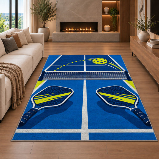 Pickleball Over the Net Rug in a living room with a fireplace