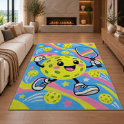 Cute Pickleball Character Rug in a living room with a fireplace