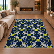 Pickleball Paddle Lattice Rug in a living room with a fireplace