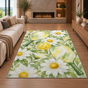Watercolor Pickleball Daisy Rug in a living room with a fireplace