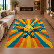 Pickleball Sunburst Rug in a living room with a fireplace