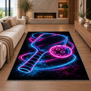Neon Pickleball Rug in a living room with a fireplace