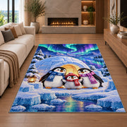 Penguin Igloo Rug in a living room with a fireplace
