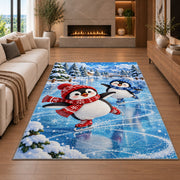 Ice Skating Penguin Rug in a living room with a fireplace