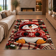 Hot Cocoa Penguin Rug in a living room with a fireplace
