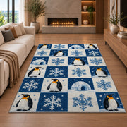 Penguin Checkered Rug in a living room with a fireplace