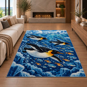 Underwater Penguin Rug in a living room with a fireplace