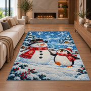 Snowman and Penguin Rug in a living room with a fireplace