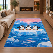 Penguins on Iceberg Rug in a living room with a fireplace