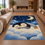 Sleeping Baby Penguin Rug in a living room with a fireplace