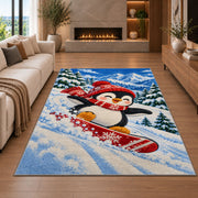 Snowboarding Penguin Rug in a living room with a fireplace