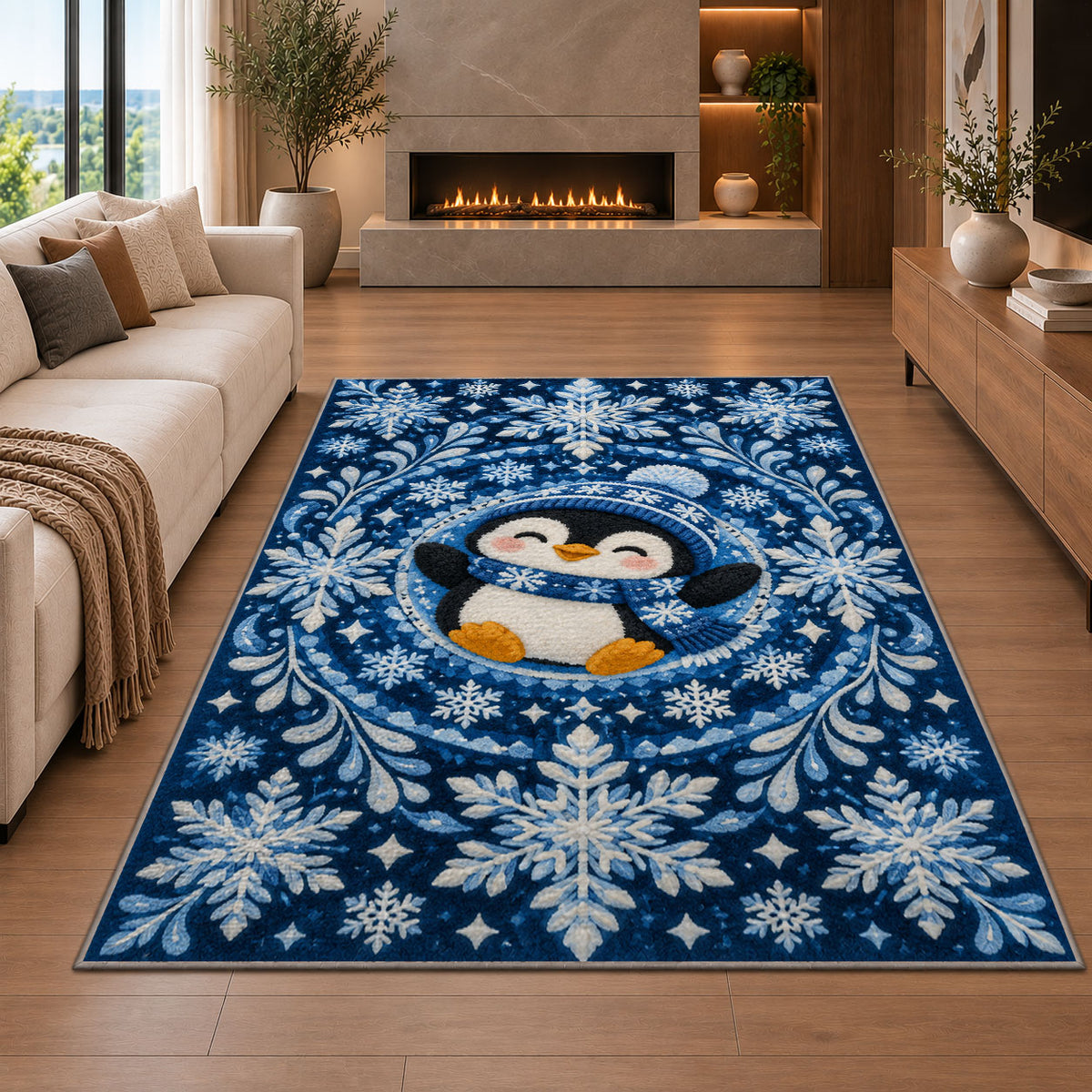 Snowflake Mandala Penguin Rug in a living room with a fireplace