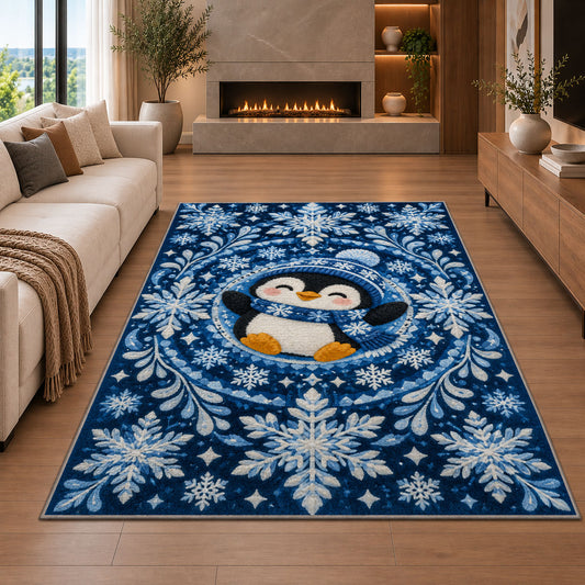 Snowflake Mandala Penguin Rug in a living room with a fireplace