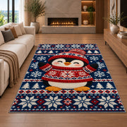 Nordic Sweater Penguin Rug in a living room with a fireplace