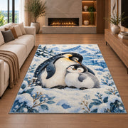 Mother and Baby Penguin Rug in a living room with a fireplace