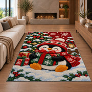 Christmas Penguin Rug in a living room with a fireplace