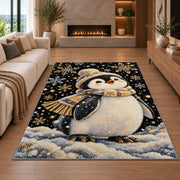 Elegant Penguin Rug in a living room with a fireplace