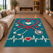 Heart Stethoscope Nurse Rug in a living room with a fireplace