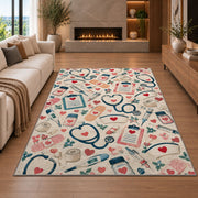 Nurse Essentials Pattern Rug in a living room with a fireplace