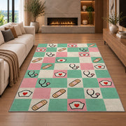 Retro Checkered Nurse Rug in a living room with a fireplace