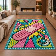 Pop Art Bandage Rug in a living room with a fireplace