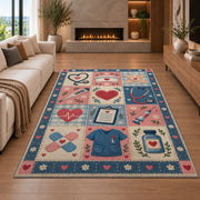 Nurse Patchwork Rug in a living room with a fireplace