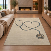 Minimalist Stethoscope Heart Rug in a living room with a fireplace
