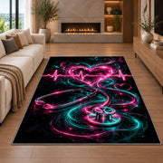 Neon Heartbeat Rug in a living room with a fireplace