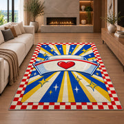 Retro Nurse Cap Sunburst Rug in a living room with a fireplace